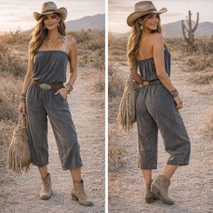 Cloth & Stone Tencel Strapless Jumpsuit / Convertible Straps Boho Wideleg Romper